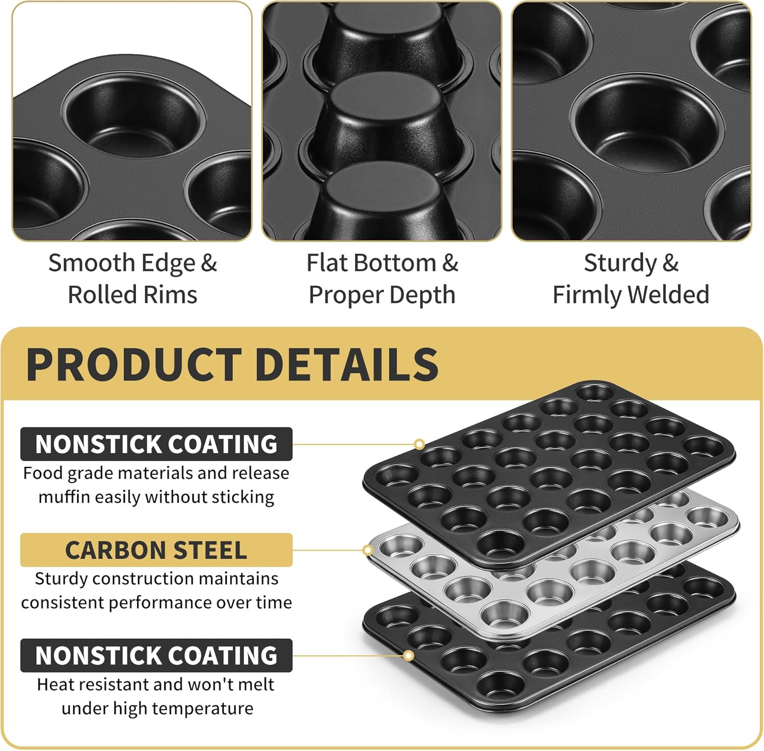 Mufipaan Mini Muffin Pan – 24-Cup Non-Stick Carbon Steel Cupcake Tray for Bite-Sized Baking - Image 3